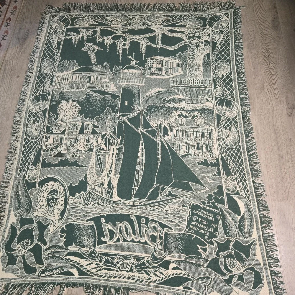 vtg Biloxi Mississippi woven Souvenir Throw Blanket Tapestry 46x60